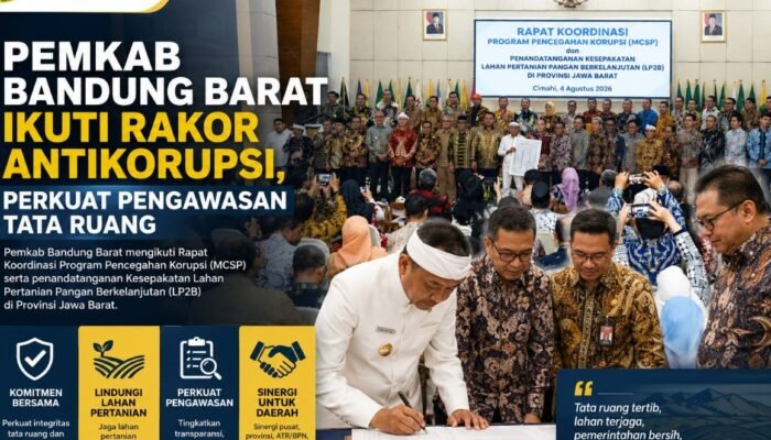 Pemkab Bandung Barat Tegaskan Komitmen Berantas Korupsi Tata Ruang, Lindungi Lahan Pertanian Berkelanjutan  BANDUNG BARAT – Pemerintah Kabupaten Bandung Barat (KBB) menegaskan komitmennya memperkuat tata kelola pemerintahan yang bersih melalui pengawasan sektor pertanahan dan tata ruang, sekaligus memastikan perlindungan terhadap lahan pertanian pangan berkelanjutan (LP2B) sebagai upaya menjaga ketahanan pangan daerah.  Komitmen tersebut disampaikan Bupati Bandung Barat usai menghadiri Rapat Koordinasi Program Pencegahan Korupsi Monitoring Controlling for Surveillance (MCSP), Komitmen Bersama Pencegahan Korupsi, serta Penguatan Ekonomi Daerah melalui Transformasi Pelayanan Publik Bidang Pertanahan dan Tata Ruang yang digelar di Badan Pengembangan Sumber Daya Manusia Pertanian (BPSDMP) Provinsi Jawa Barat, Kota Cimahi, Selasa (4/8/2026).  Kegiatan tersebut dirangkaikan dengan penandatanganan Berita Acara Kesepakatan Lahan Pertanian Pangan Berkelanjutan (LP2B) yang diikuti seluruh kepala daerah di Jawa Barat sebagai bentuk komitmen menjaga lahan pertanian dari ancaman alih fungsi yang tidak terkendali.  Rapat koordinasi yang melibatkan Pemerintah Provinsi Jawa Barat, Kementerian Agraria dan Tata Ruang/Badan Pertanahan Nasional (ATR/BPN), serta Komisi Pemberantasan Korupsi (KPK) itu menjadi forum penyamaan langkah dalam memperkuat pencegahan korupsi di sektor pertanahan dan tata ruang, yang selama ini dinilai sebagai salah satu sektor paling rawan penyimpangan.  Dalam arahannya, Gubernur Jawa Barat Dedi Mulyadi menegaskan bahwa kawasan konservasi dan lahan pertanian harus dijaga secara konsisten dari praktik alih fungsi yang tidak sesuai dengan peruntukannya.  Menurutnya, masifnya perubahan fungsi lahan tidak hanya berpotensi merusak keseimbangan lingkungan, tetapi juga mengancam ketahanan pangan serta keberlanjutan pembangunan daerah. Karena itu, pemerintah daerah diminta memperkuat pengawasan dan penegakan aturan tata ruang.  Selain itu, Pemerintah Provinsi Jawa Barat juga mendorong penertiban administrasi pertanahan guna mencegah manipulasi nilai Bea Perolehan Hak atas Tanah dan Bangunan (BPHTB) yang dapat berdampak pada berkurangnya Pendapatan Asli Daerah (PAD).  Sementara itu, Kementerian ATR/BPN menekankan pentingnya penerbitan sertifikat tanah yang sesuai dengan rencana tata ruang, pengamanan aset negara, serta peningkatan kepatuhan terhadap regulasi untuk menutup peluang penyalahgunaan kewenangan di bidang pertanahan.  Di sisi lain, KPK meminta seluruh pemerintah daerah memperkuat transparansi pelayanan publik melalui implementasi Program MCSP, meningkatkan sistem pengawasan, serta menutup celah praktik korupsi dalam proses perizinan pemanfaatan ruang dan pengelolaan aset daerah.  Sebagai tindak lanjut dari rakor tersebut, Pemerintah Kabupaten Bandung Barat turut menandatangani kesepakatan perlindungan LP2B sebagai bentuk komitmen menjaga keberlanjutan lahan pertanian. Langkah ini diharapkan mampu memperkuat ketahanan pangan, menjaga keseimbangan lingkungan, serta mendukung pembangunan daerah yang berkelanjutan dan bebas dari praktik korupsi.